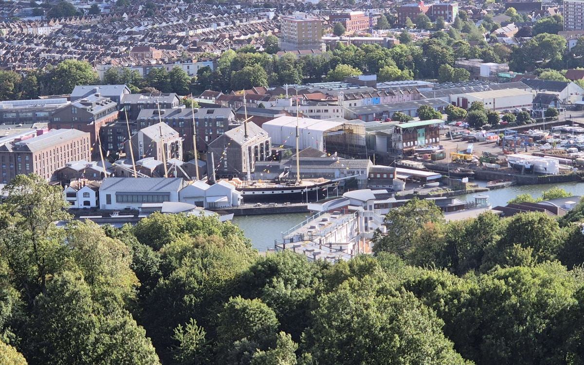 View from Cabot Tower over Bristol's Floating Harbour to the SS Great Britain, Spike Island and a marina
