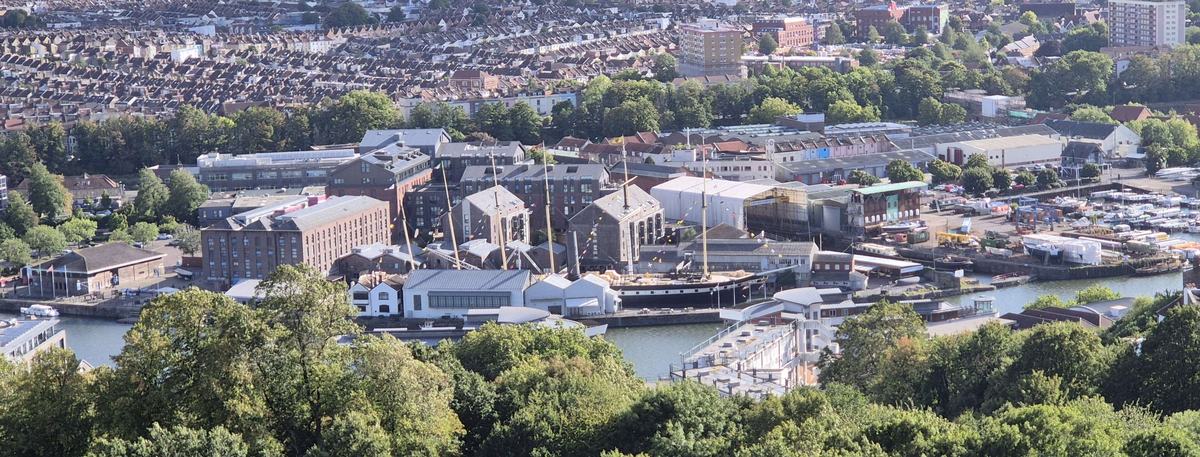 View from Cabot Tower over Bristol's Floating Harbour to the SS Great Britain, Spike Island and a marina